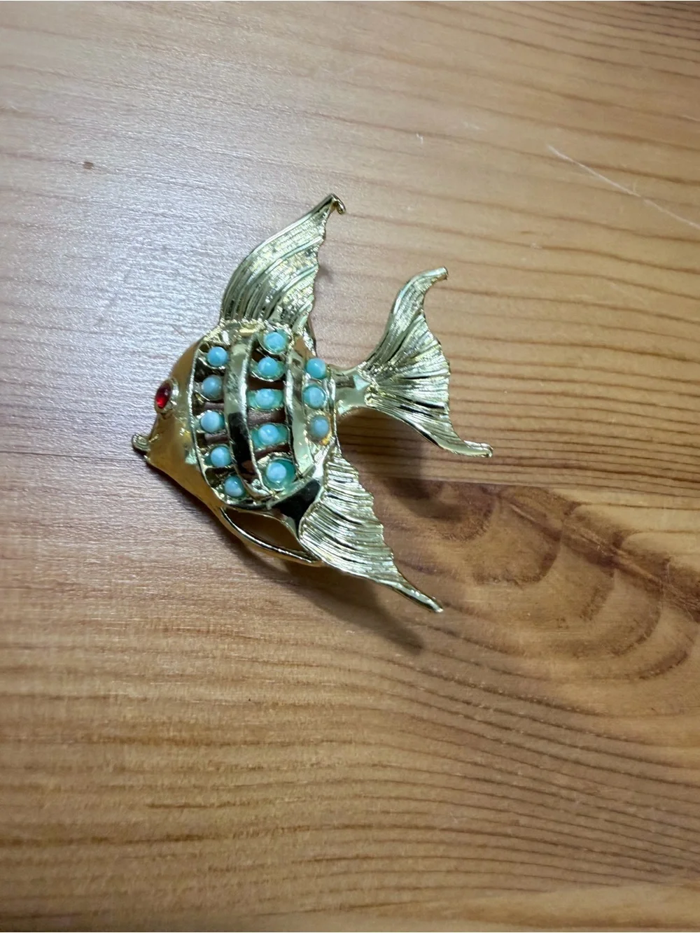 Vintage Gold Fish Pin with Turquoise and Red Accents